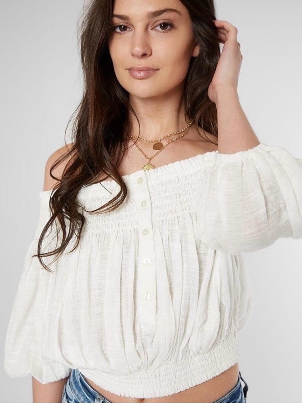 We The Free white smocked peasant off-shoulder crop blouse with puffy sleeves M